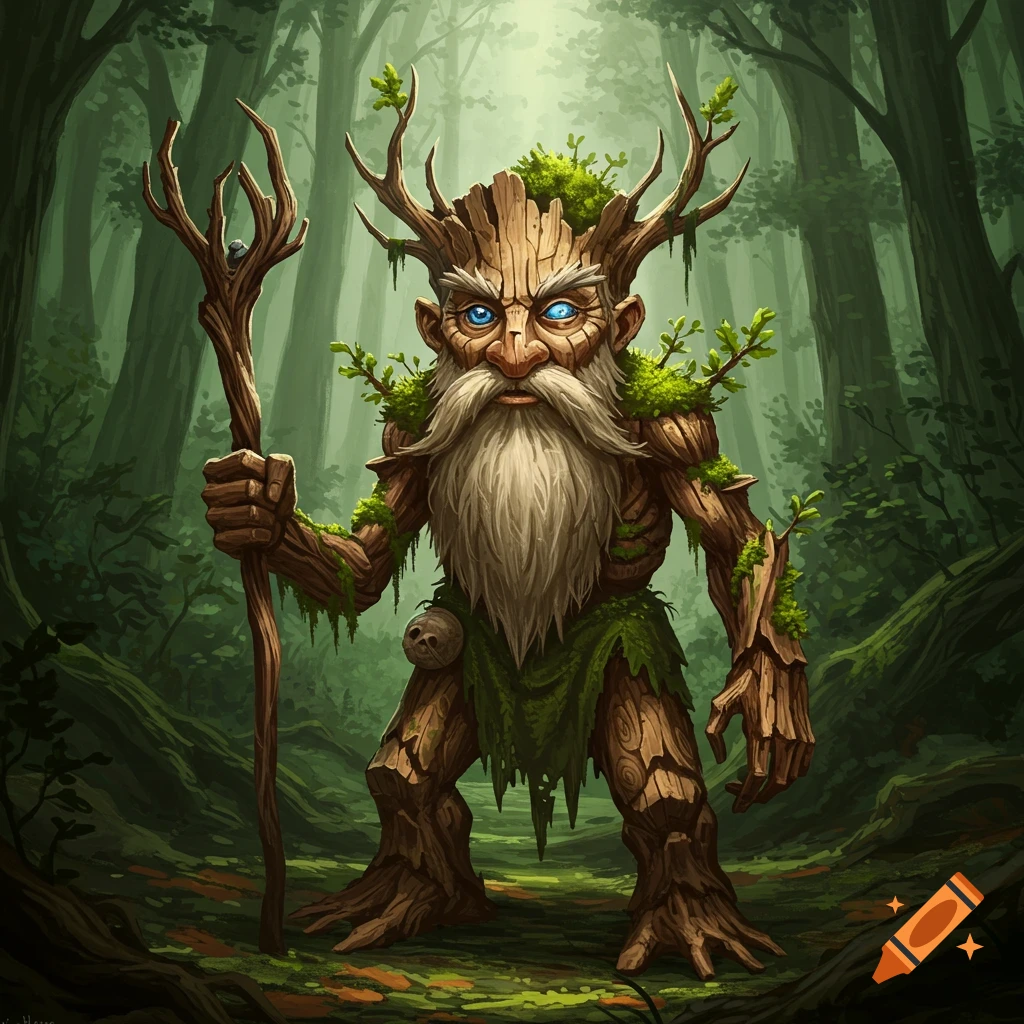 A wood gnome or treeman with glowing blue eyes and a long white beard, standing in a forest holding a staff.