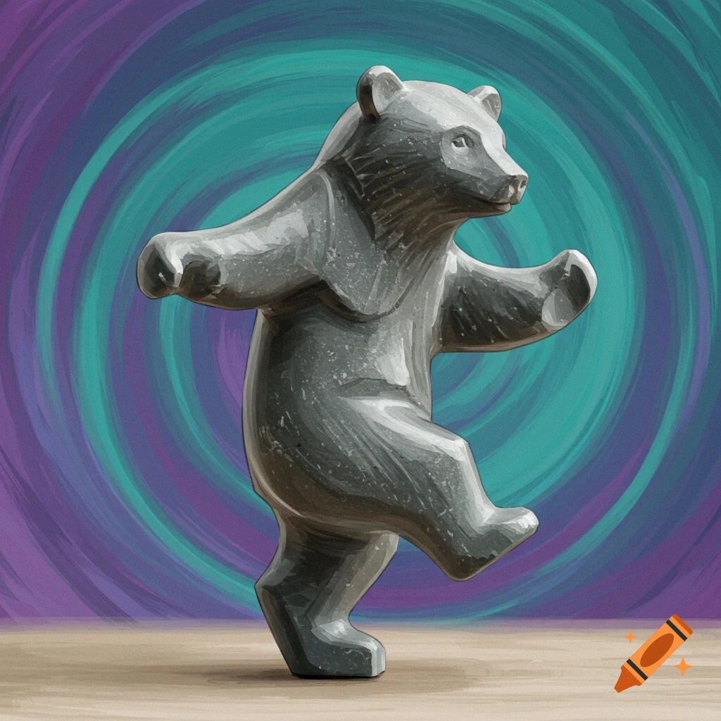 A gray soapstone bear sculpture dancing against a swirling purple and teal background.