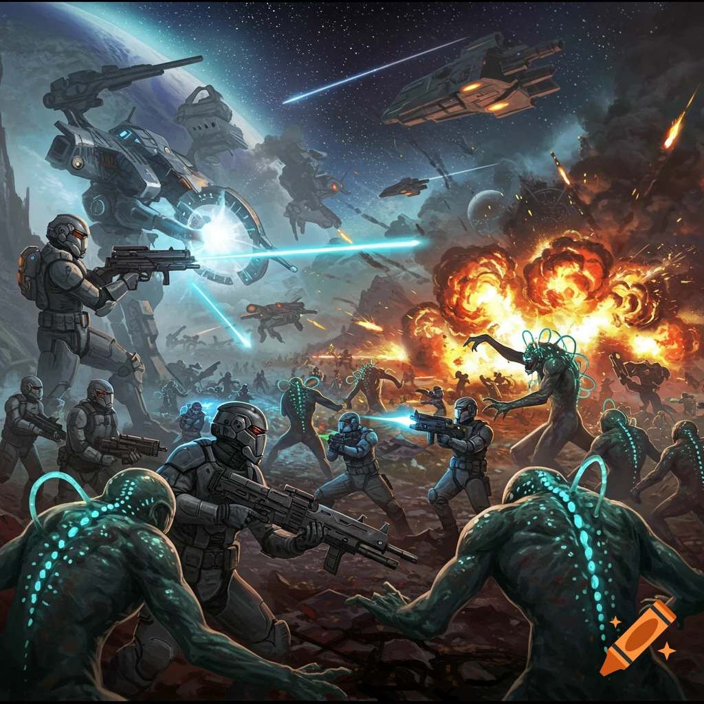 Chaotic sci-fi battle between futuristic soldiers and alien creatures on a planet, with spaceships and mechs.