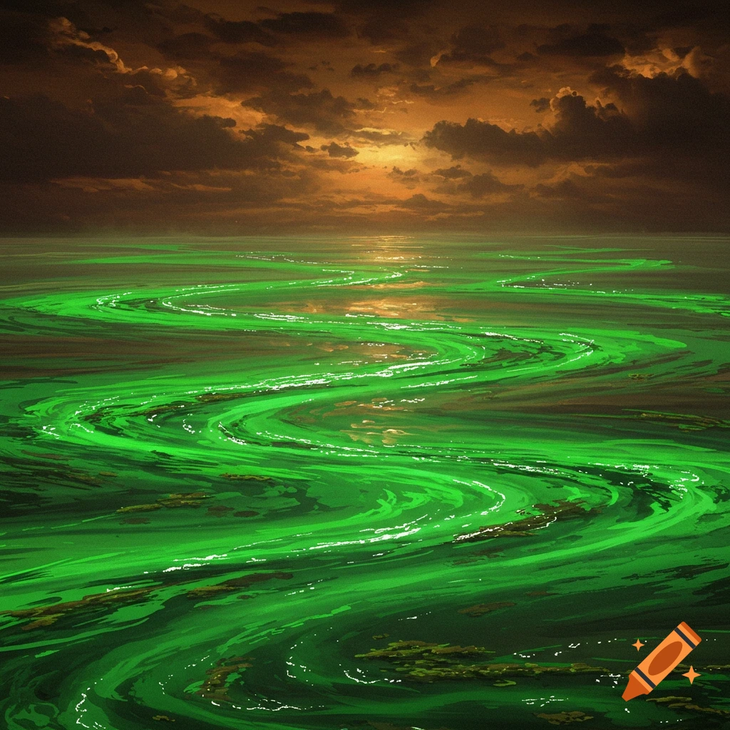 A landscape with vibrant green water under a dark brown sky at sunset.