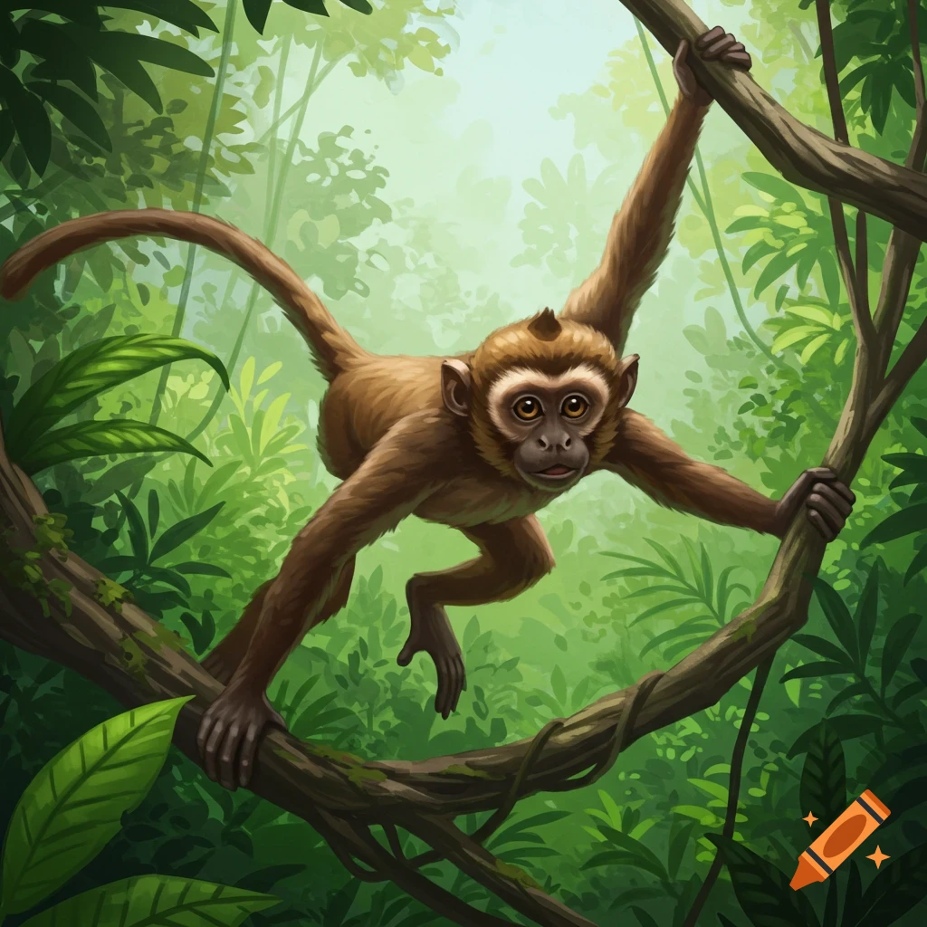 A monkey hangs from a tree branch in a jungle.
