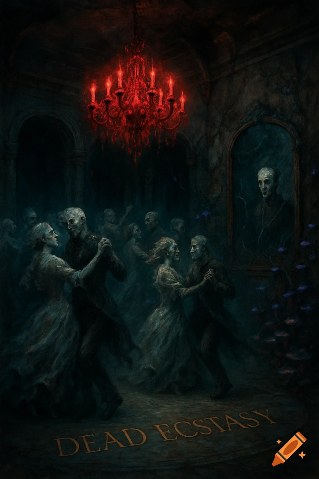 Ghostly figures dance in a dark, decayed ballroom under a red chandelier. Text "DEAD ECSTASY" is on the floor.