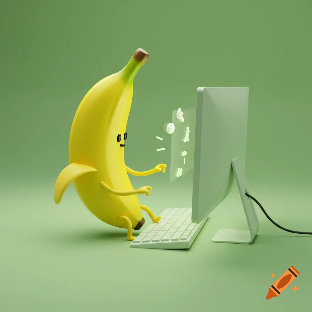A 3D render of a cartoon banana sitting and typing on a computer.