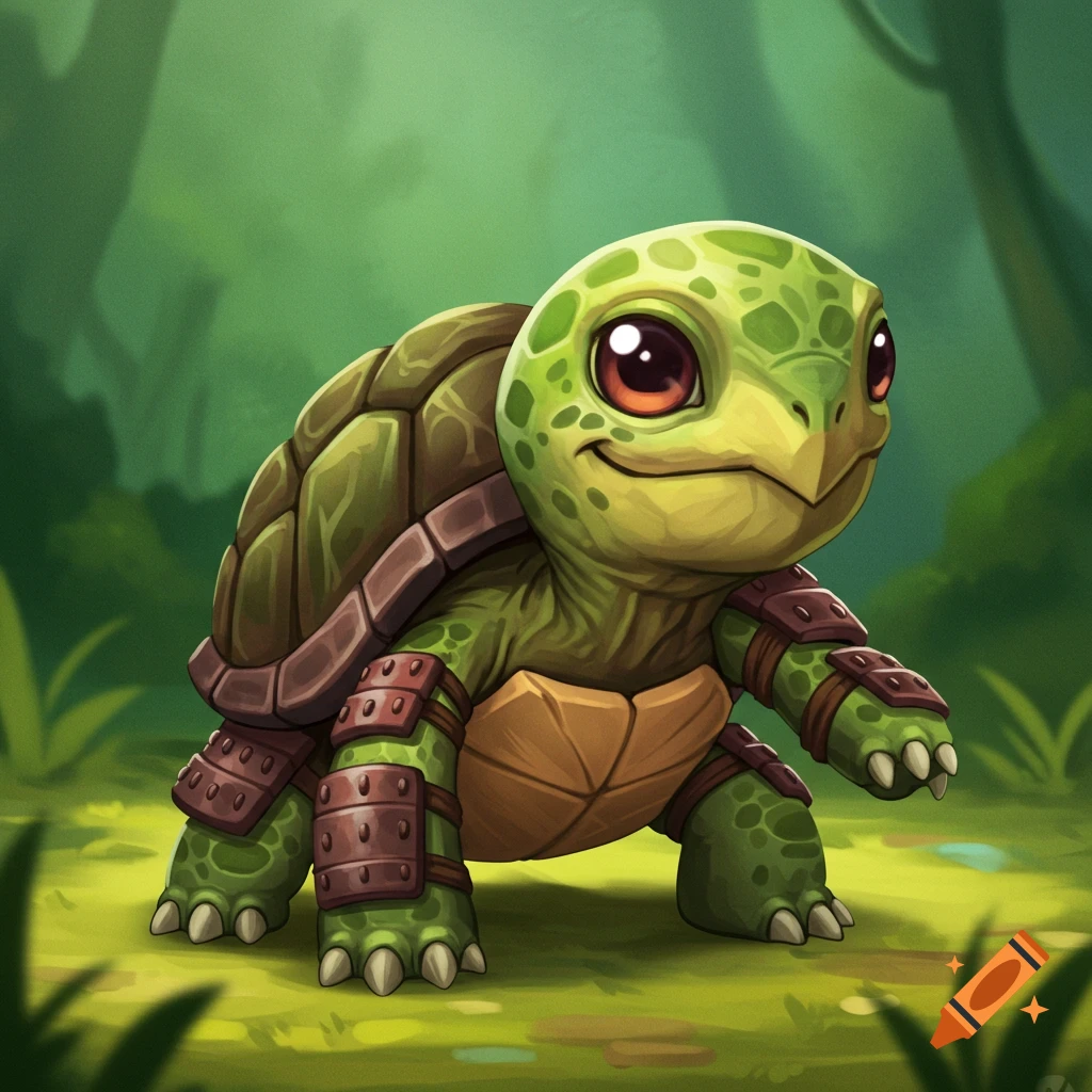 A cute combat turtle wearing armor is in a forest.
