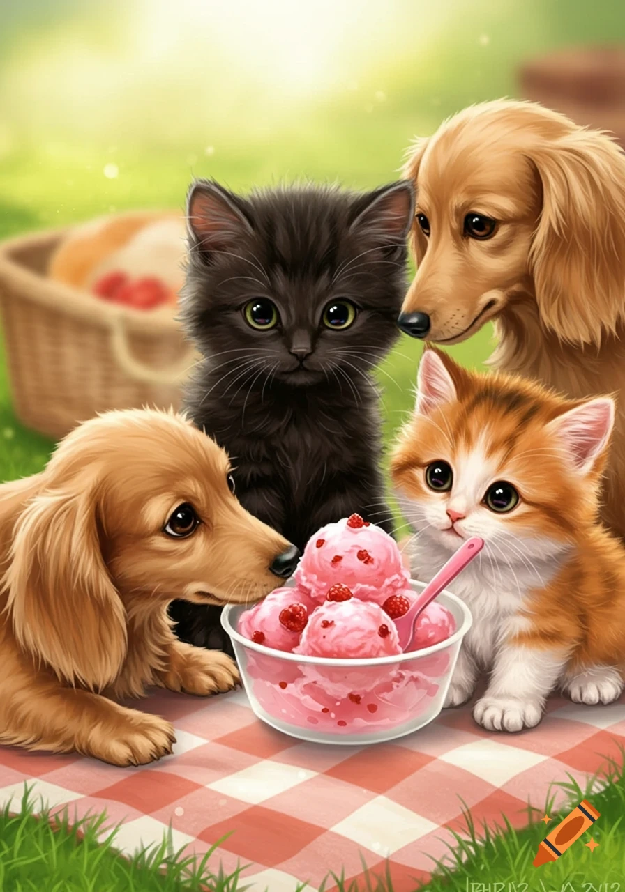 Two dachshund puppies and two kittens are sharing a bowl of pink ice cream on a picnic blanket.