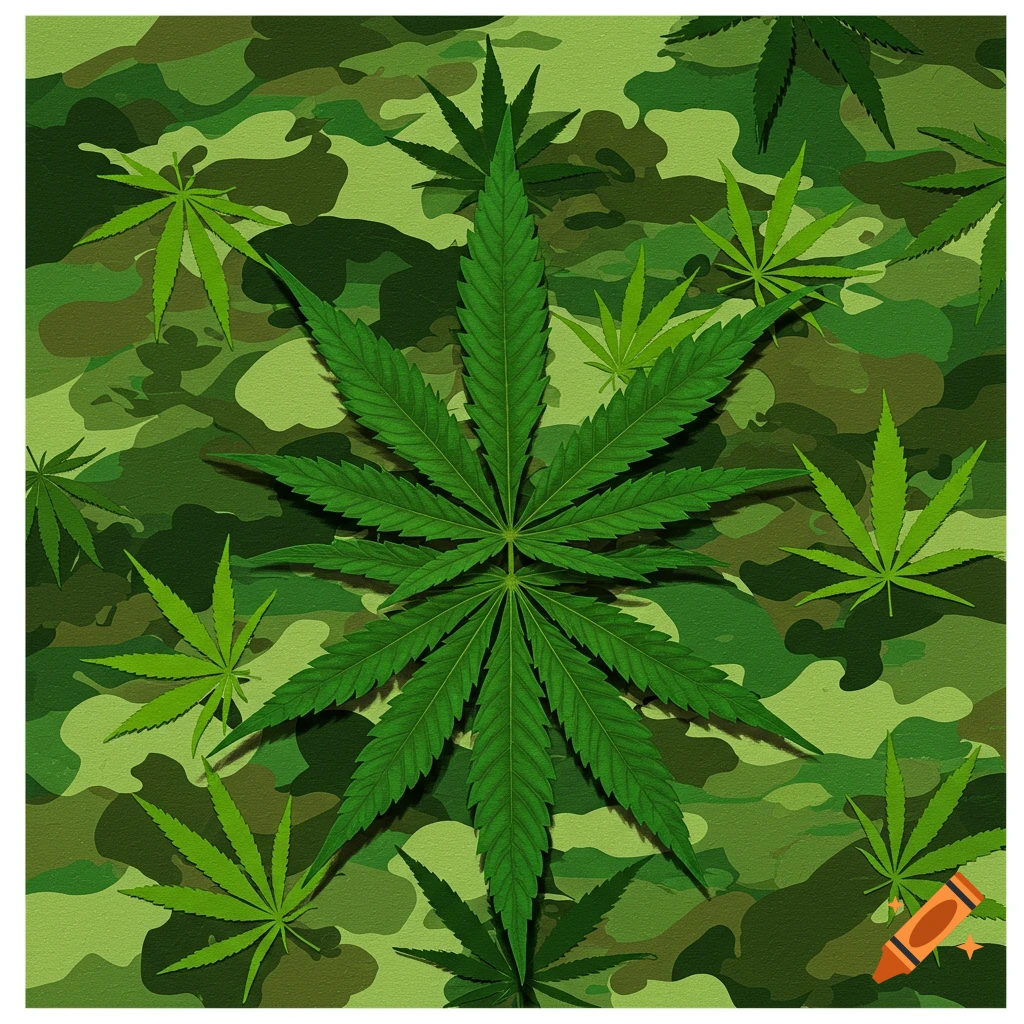 Green cannabis leaves on a camouflage background
