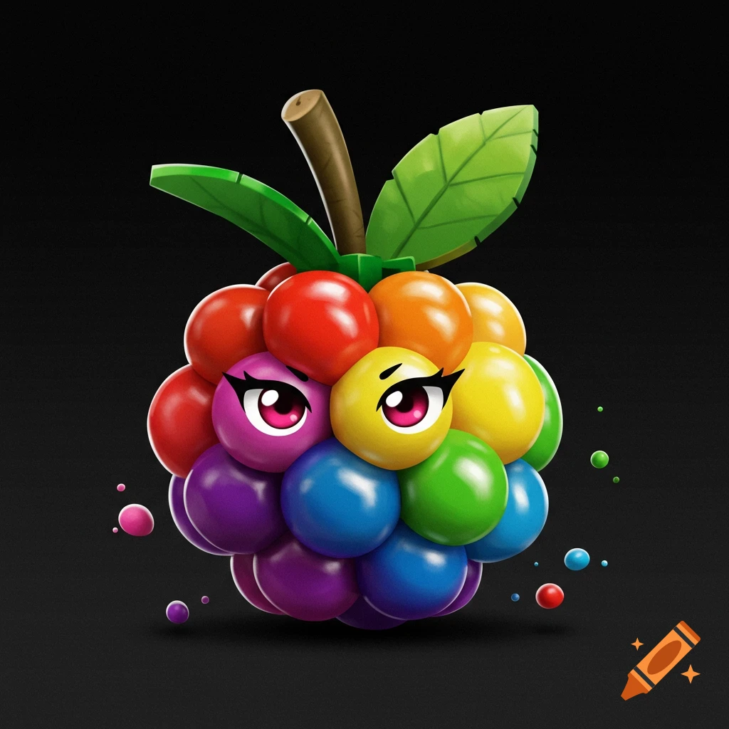 A rainbow-colored cartoon fruit with large expressive eyes.