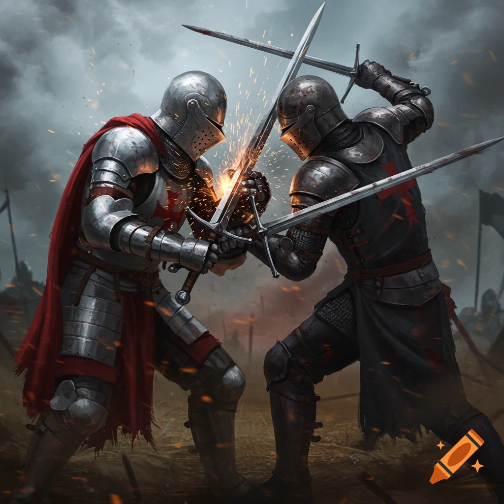 Two knights fight with swords on a battlefield with sparks flying.