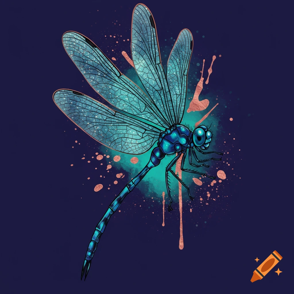 A blue dragonfly with patterned translucent wings and bronze paint splatters on a dark background.