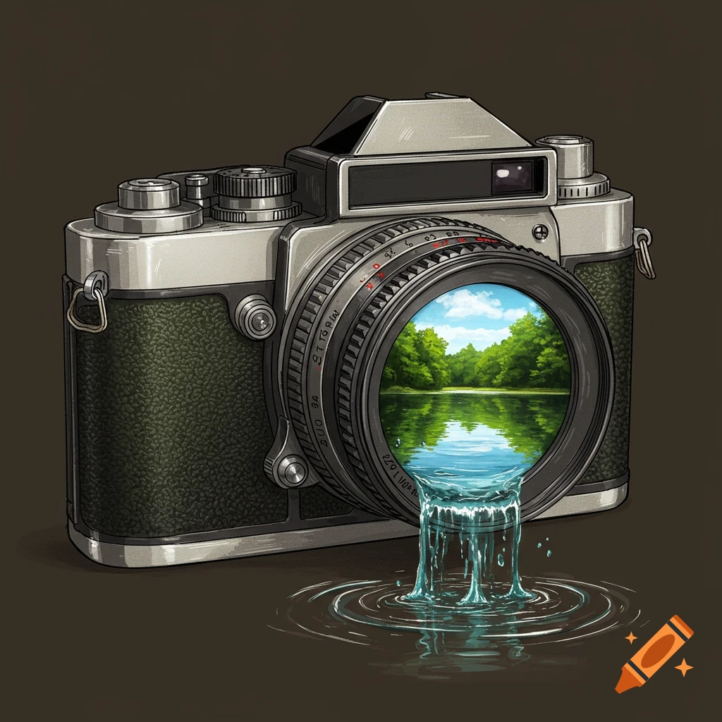 Digital art of a vintage camera with a lake and trees inside the lens, water spilling out.