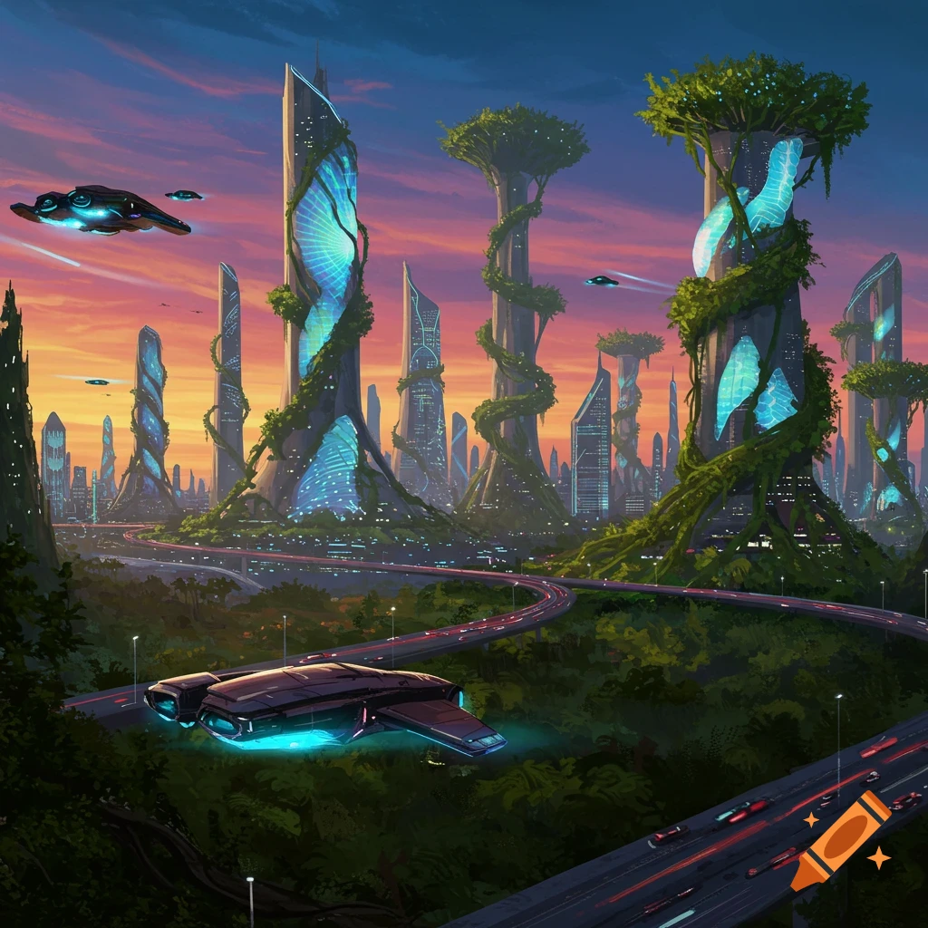 A futuristic city with organic skyscrapers, flying vehicles, and elevated highways at sunset.