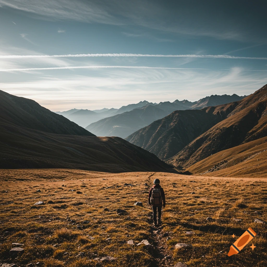 A person hiking on a path through a sunlit mountain valley