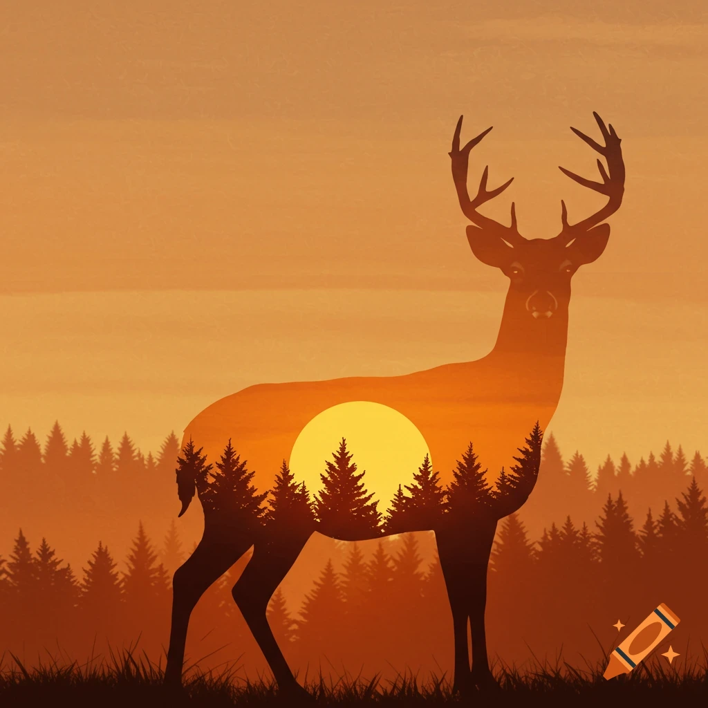 Silhouette of a deer with a sunset and forest inside, against an orange background.