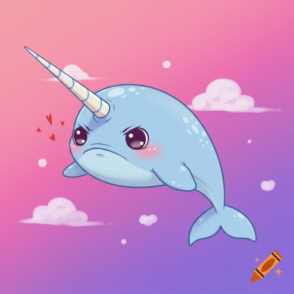 A kawaii-style cartoon illustration of an angry narwhal floating among clouds.