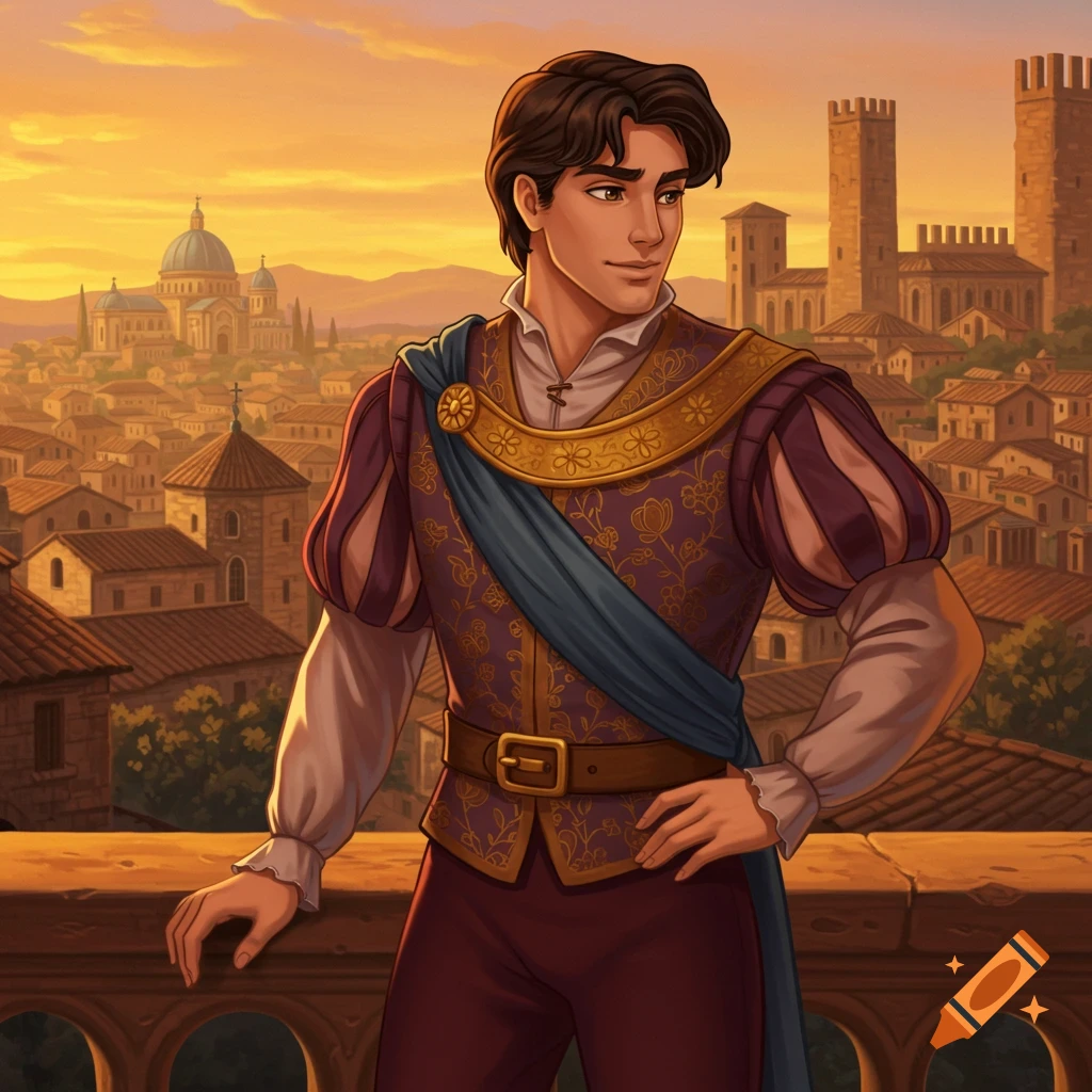 A Disney prince in medieval Italian clothing stands on a balcony overlooking a city at sunset.