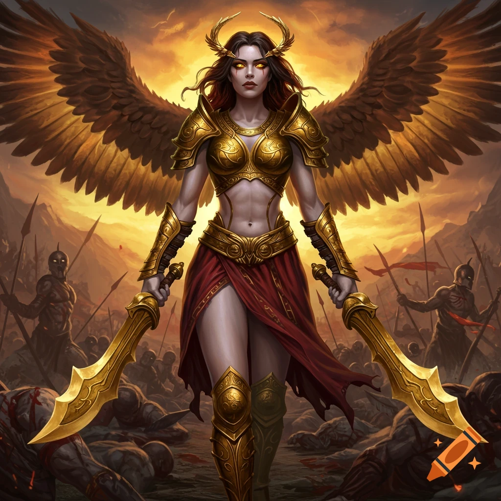 Female warrior with golden armor and wings stands on a battlefield with swords, under an orange sky.