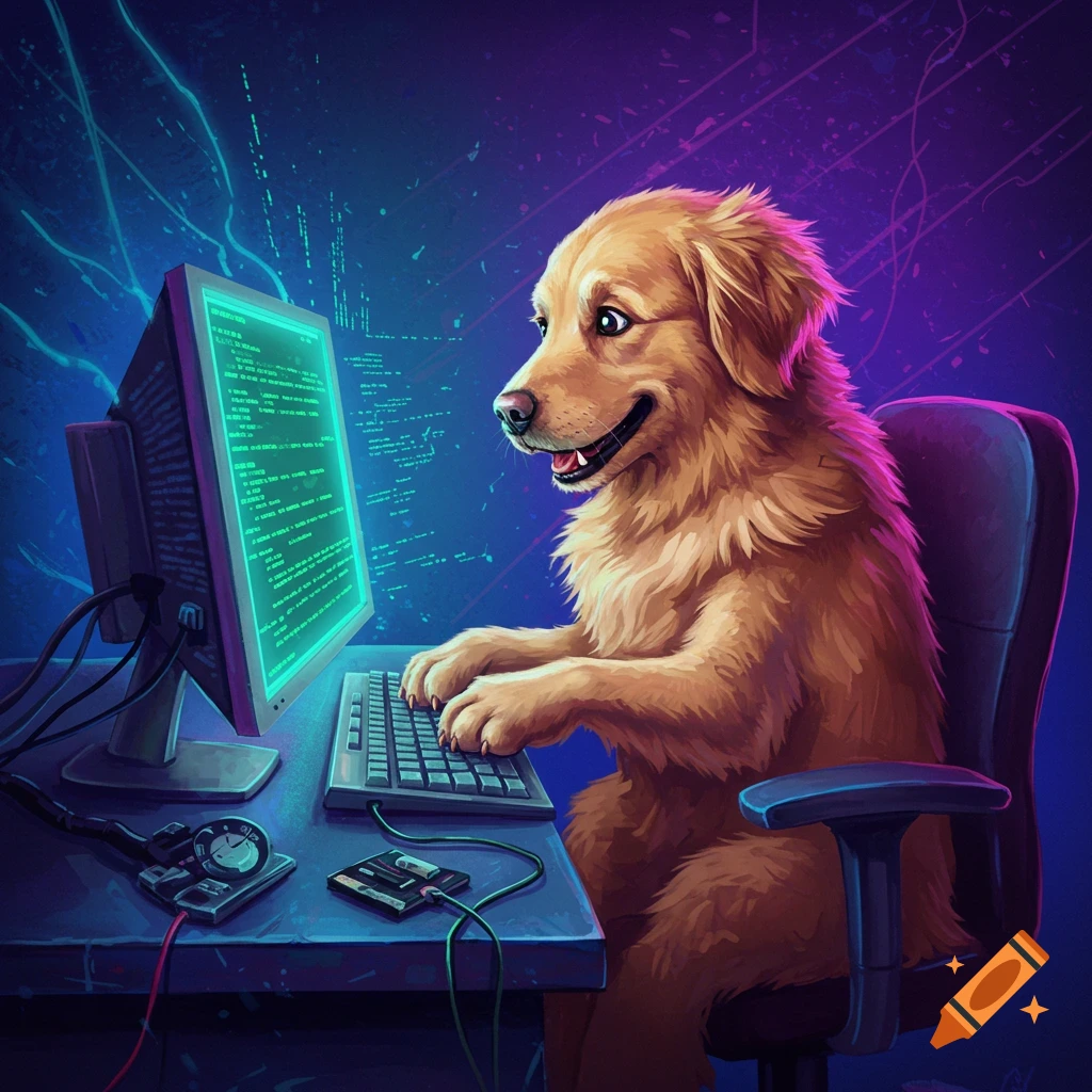 A golden retriever dog typing on a computer keyboard