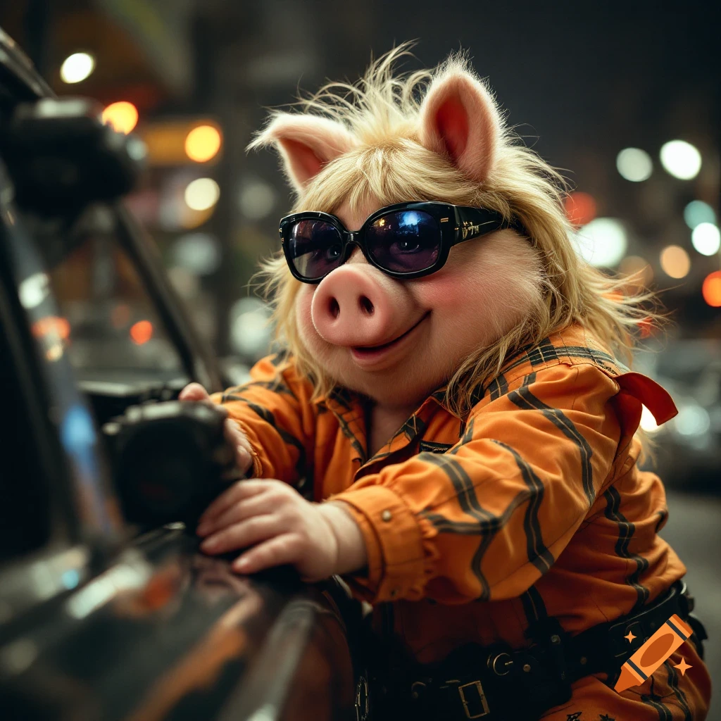 Miss Piggy in sunglasses and orange plaid shirt leans on a car at night in a photorealistic style.