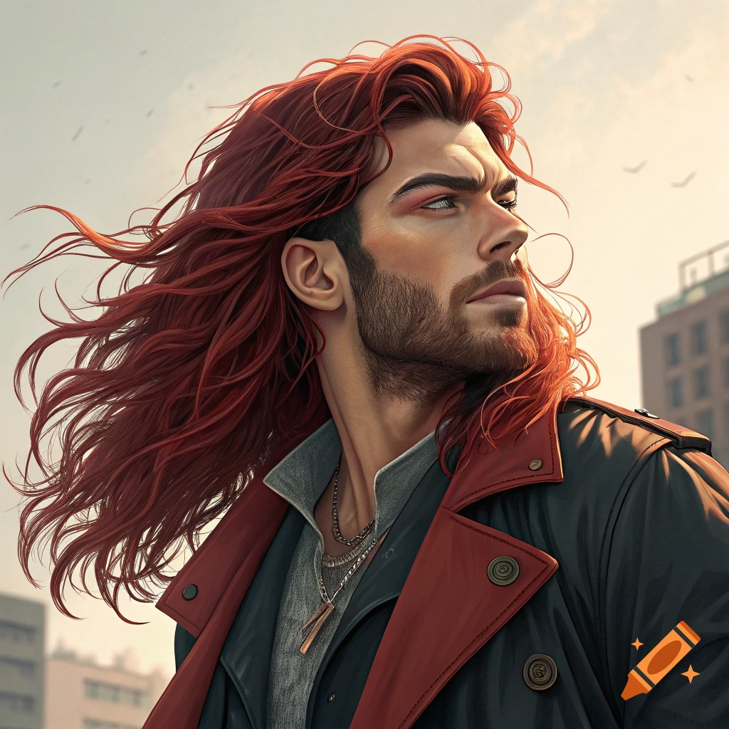 Illustrated portrait of a man with long red hair and beard in an urban setting.