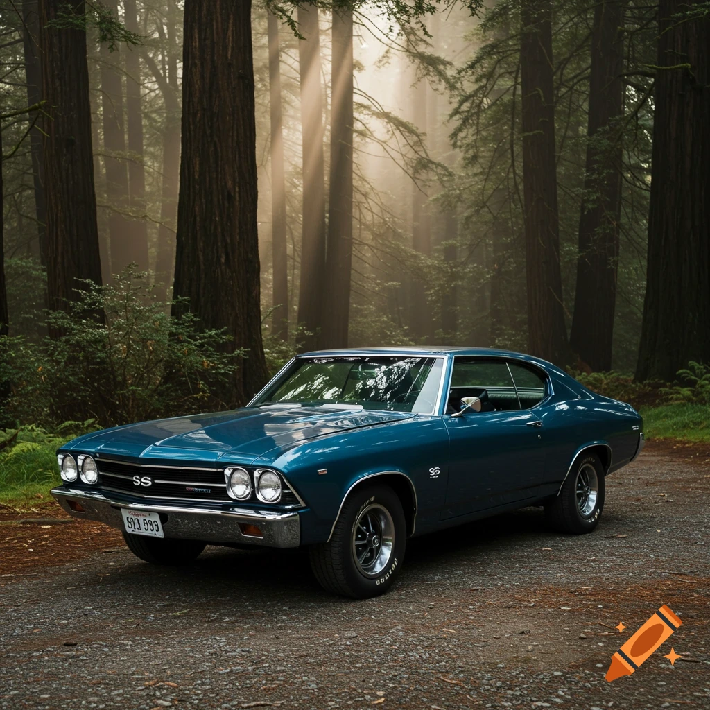 A dark blue classic 1969 Chevelle SS parked on a dirt road in a foggy forest with sunbeams filtering through trees.