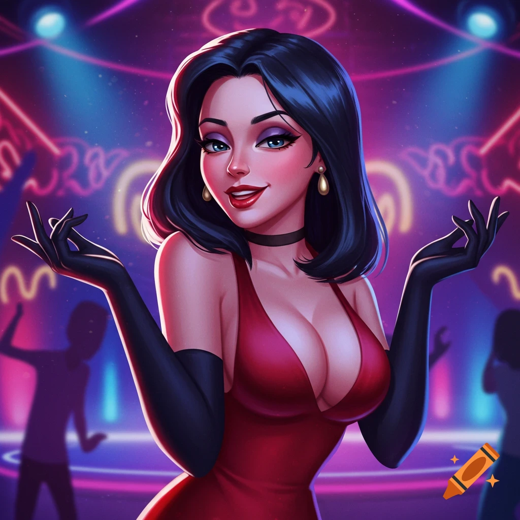 A woman with black hair and a red dress stands in a neon-lit club, cartoon style.