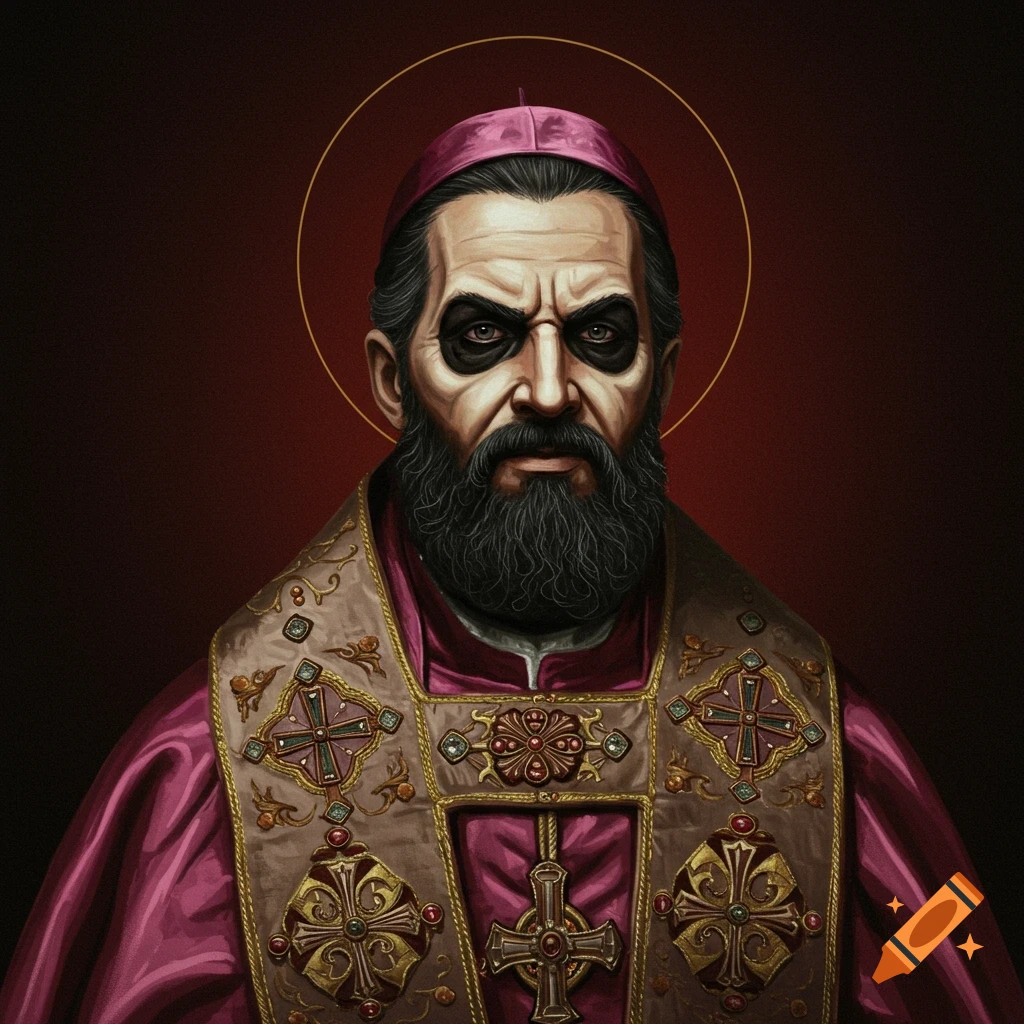 Stylized digital portrait of a figure resembling a religious leader with face paint, wearing purple robes and ornate vestments, with a halo.