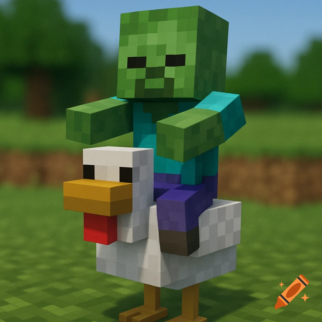 Minecraft zombie riding a chicken in a blocky landscape.