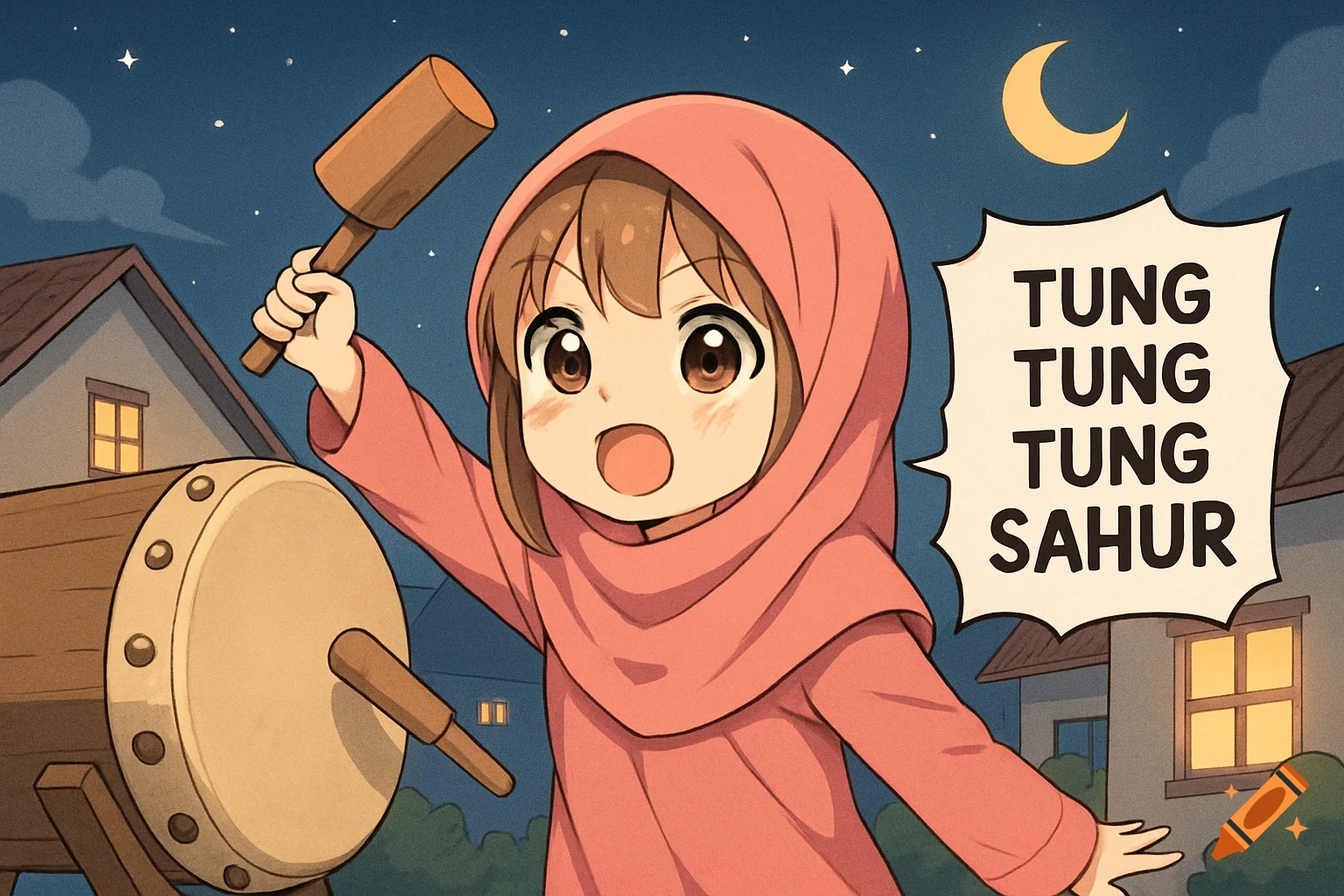 Moe artstyle girl in hijab hitting a drum at night, text reads TUNG TUNG TUNG SAHUR