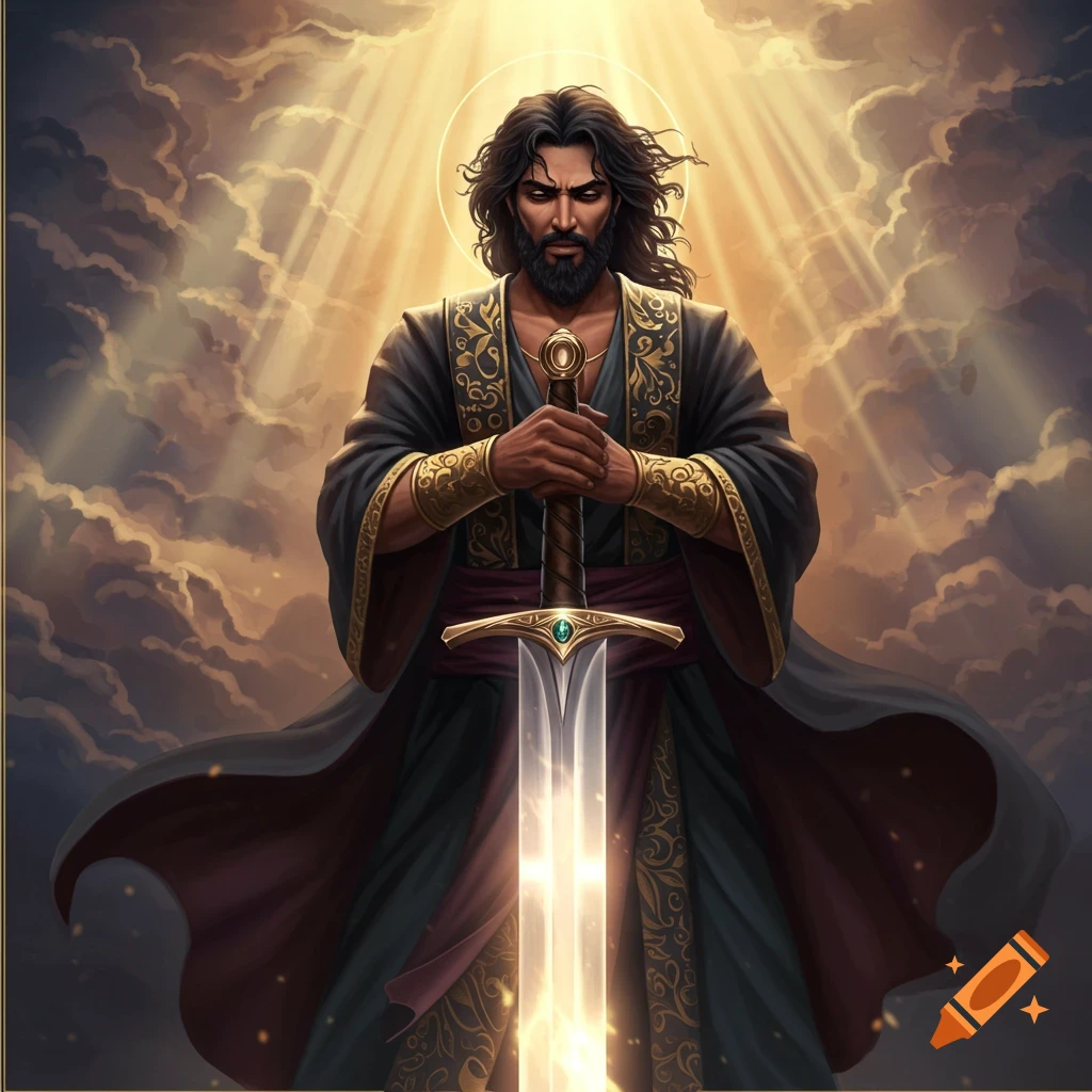 A powerful man in a robe holding a sword, illuminated by divine light against clouds.