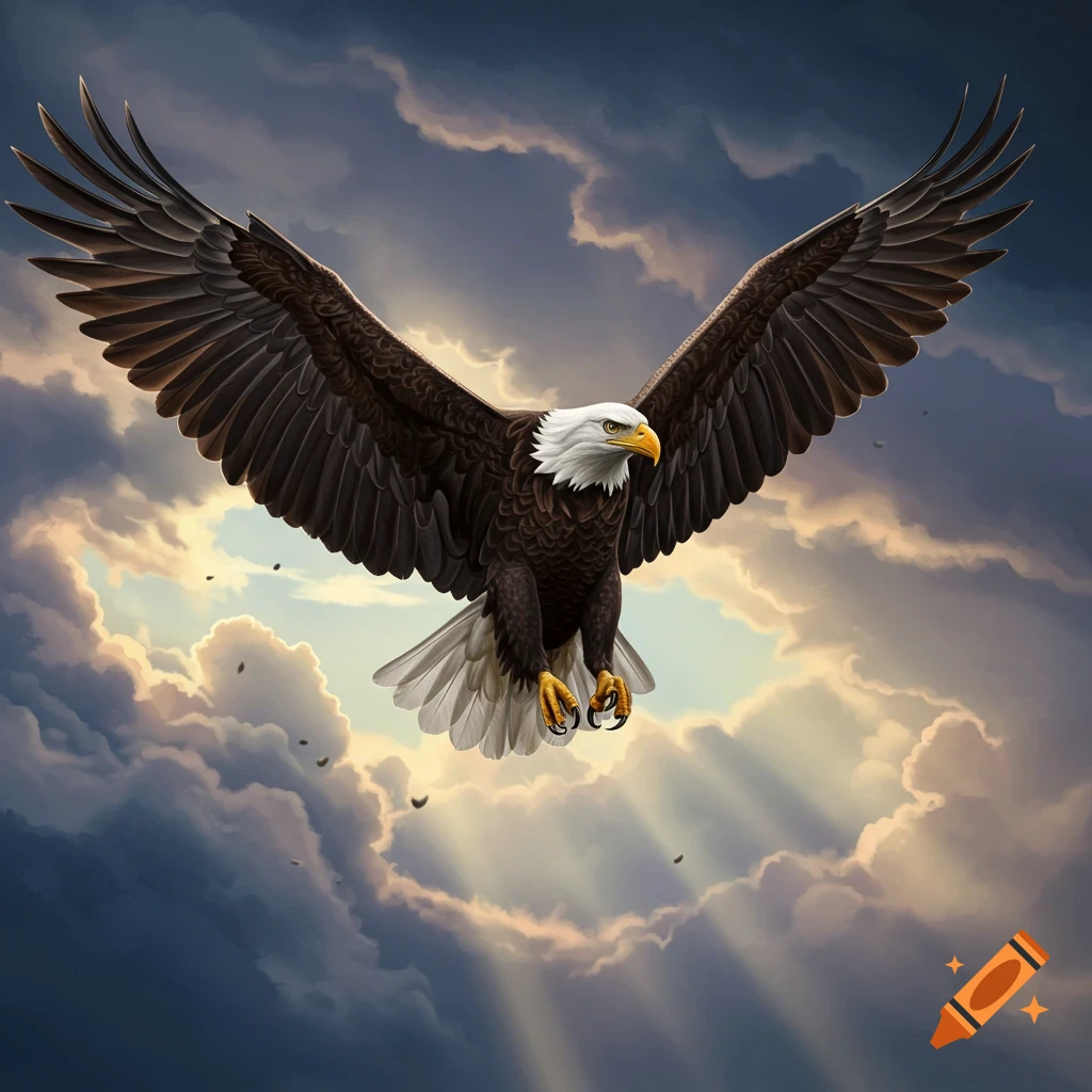 A bald eagle soaring through dramatic clouds with rays of light.