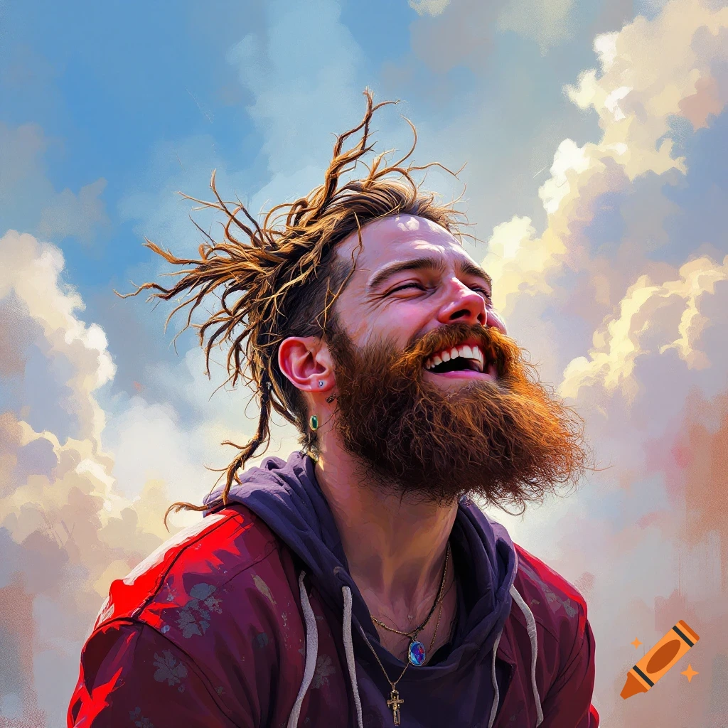 A man with a beard and dreadlocks is smiling while looking up at a cloudy sky.