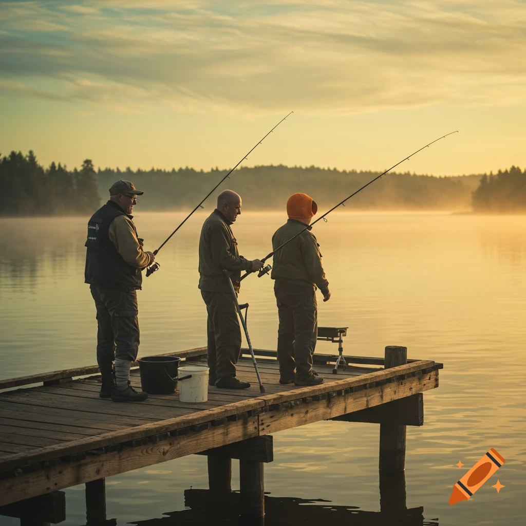 Three men fishing on a dock at sunrise over a misty lake.