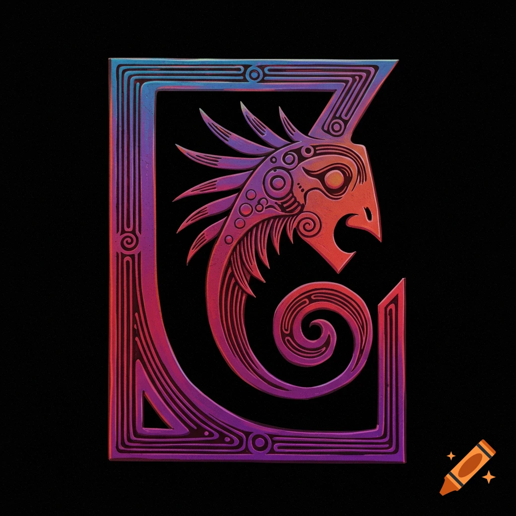 Stylized letter G with creature head, purple and red digital art