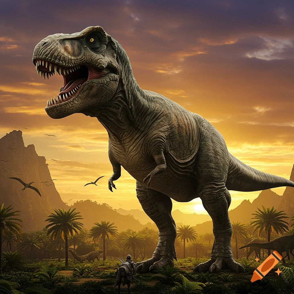 A large photorealistic Tyrannosaurus Rex in a prehistoric jungle at sunset.