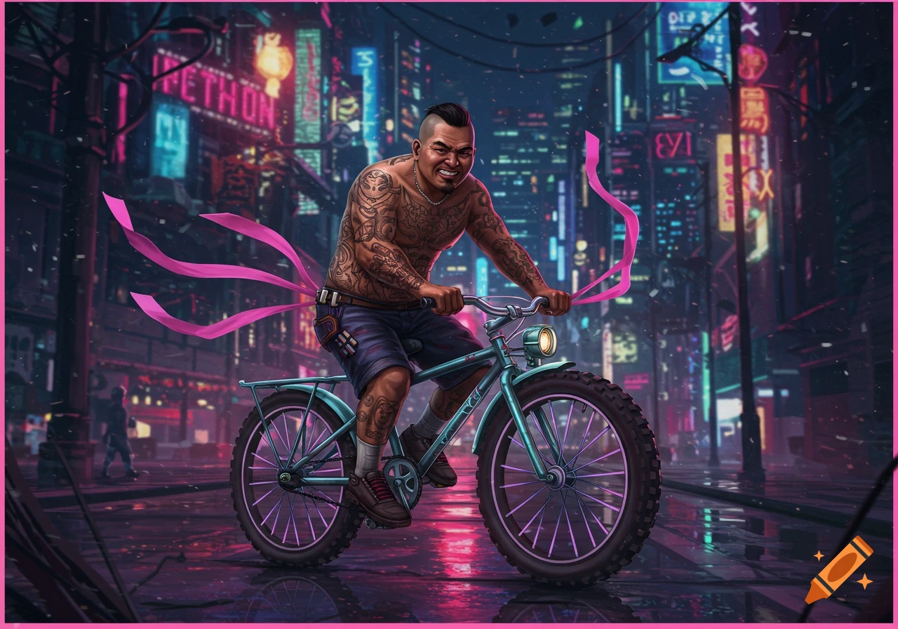 A tattooed man riding a bicycle at night in a neon-lit city.