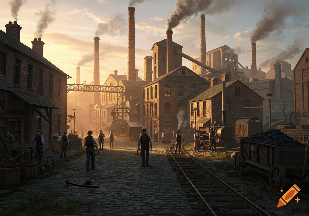 A bustling industrial city street in the 1800s with factories, smokestacks, people, and train tracks under a sunset sky.