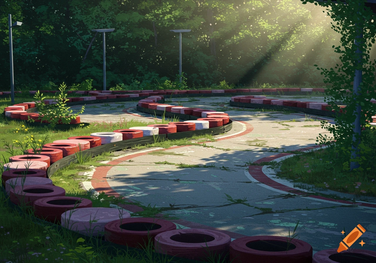An abandoned go-kart track overgrown with grass and weeds, sunlight filtering through surrounding trees.