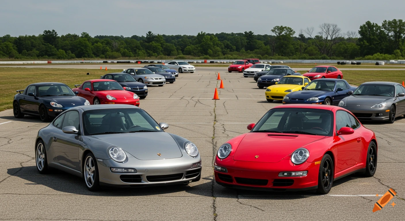 Red and silver Porsche 911s in foreground, other sporty cars and cones on a race track.