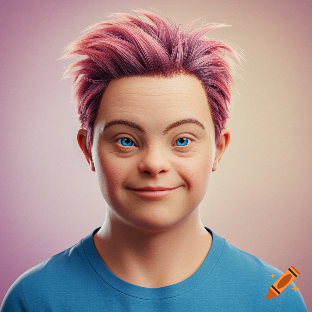 Digital portrait of a young person with pink hair and bright blue eyes, smiling.