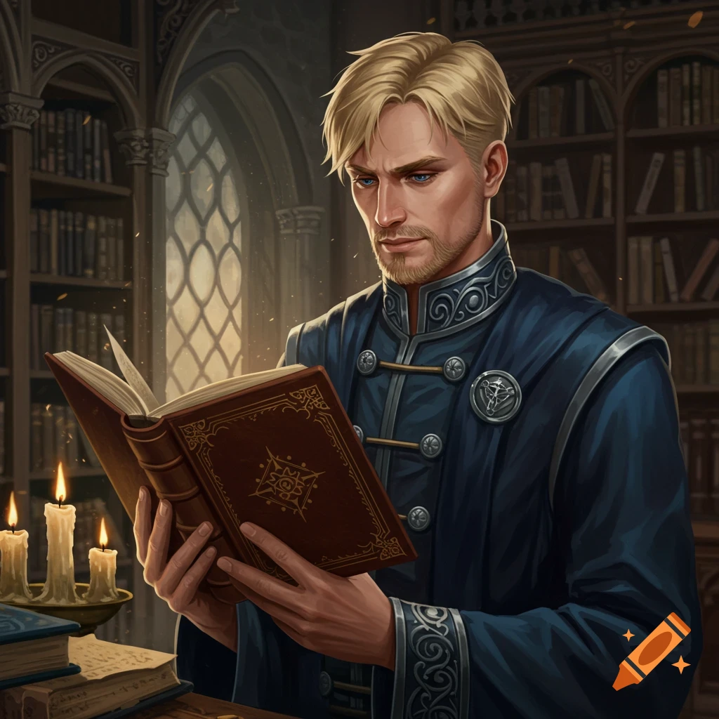 A blonde man in fantasy robes reads a book in a library.