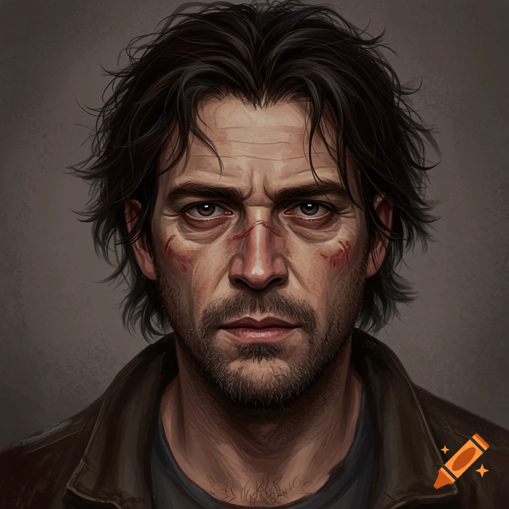 The rugged face of a man with scars and stubble