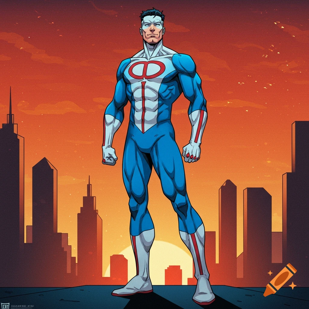 A superhero in a blue and white suit stands in front of a city skyline at sunset.