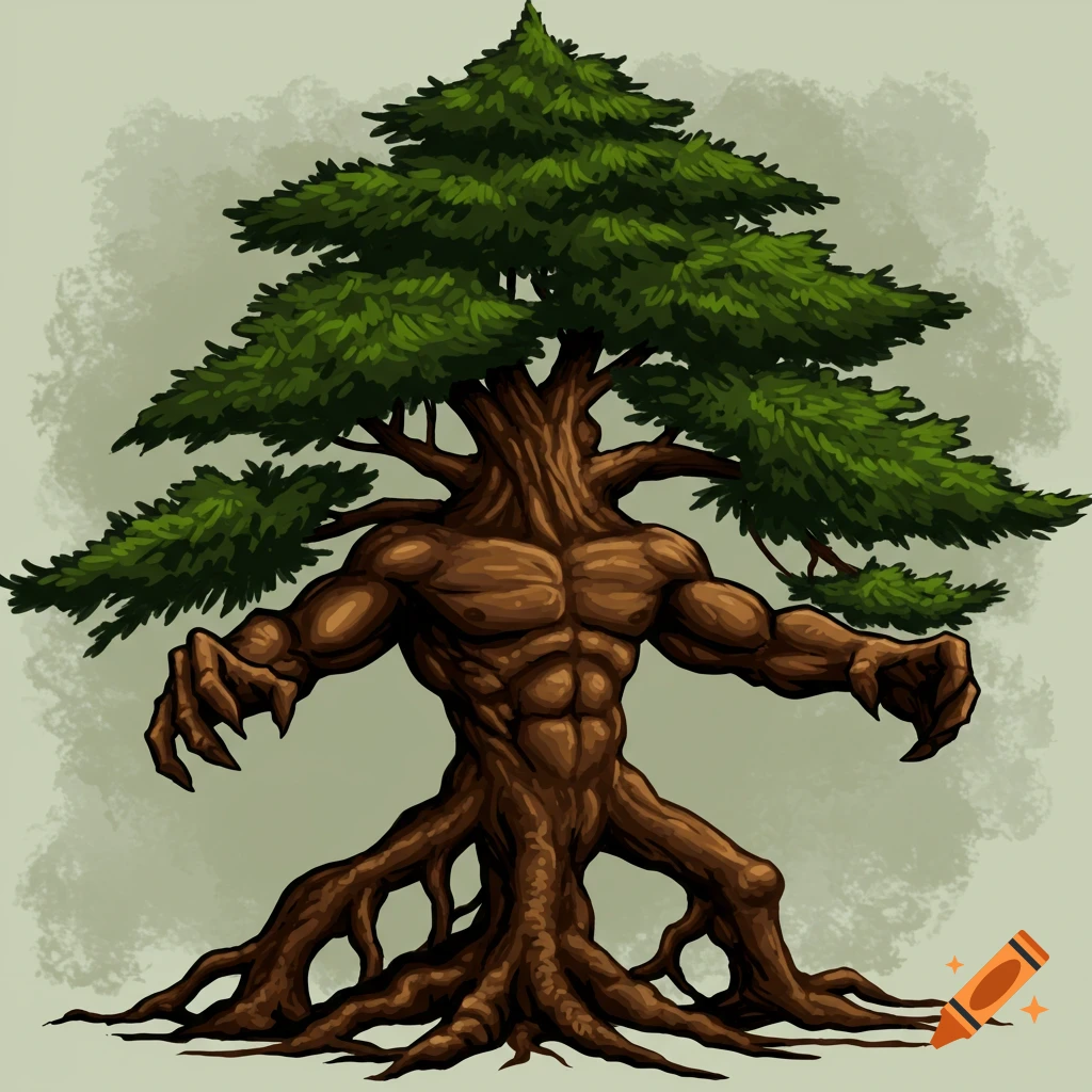 A tough-looking evergreen tree creature with muscular arms and root legs.