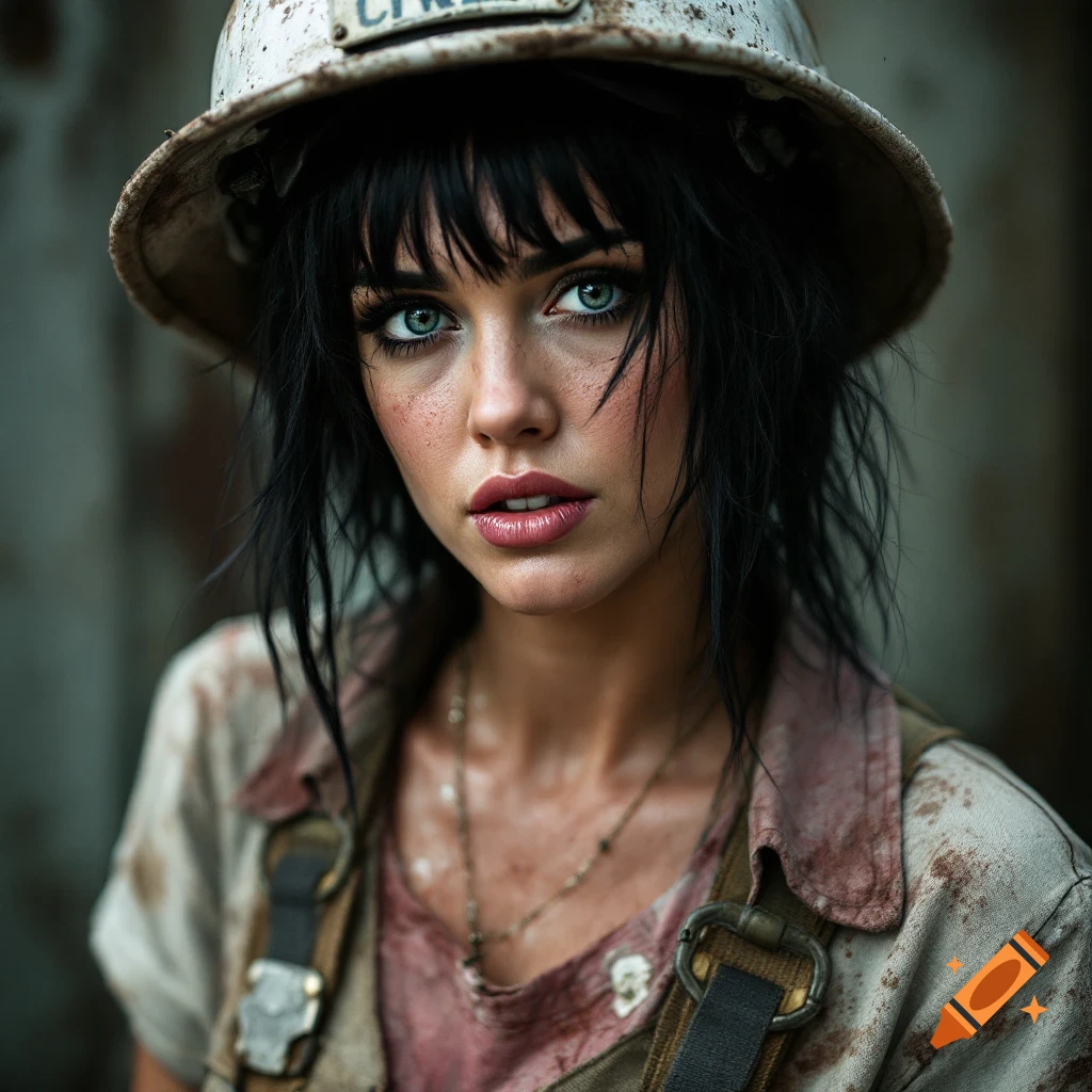 Close-up portrait of a dirty woman in a hard hat and work clothes