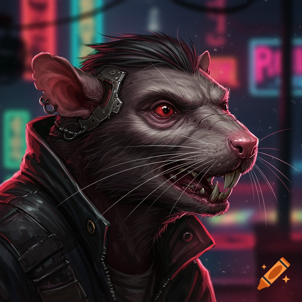 A ratman with red eyes wearing a leather jacket in a cyberpunk city.