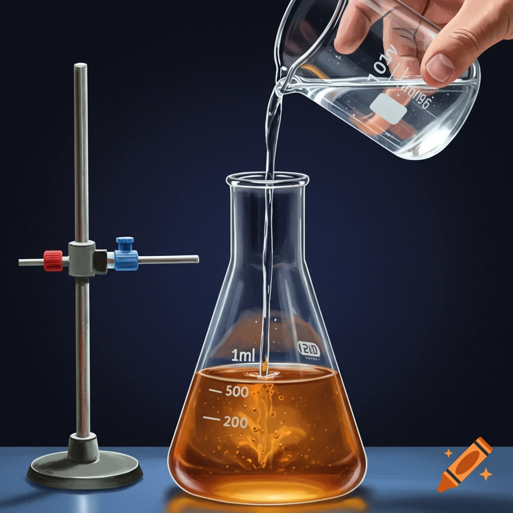 Pouring liquid from a beaker into a flask during a chemistry experiment.