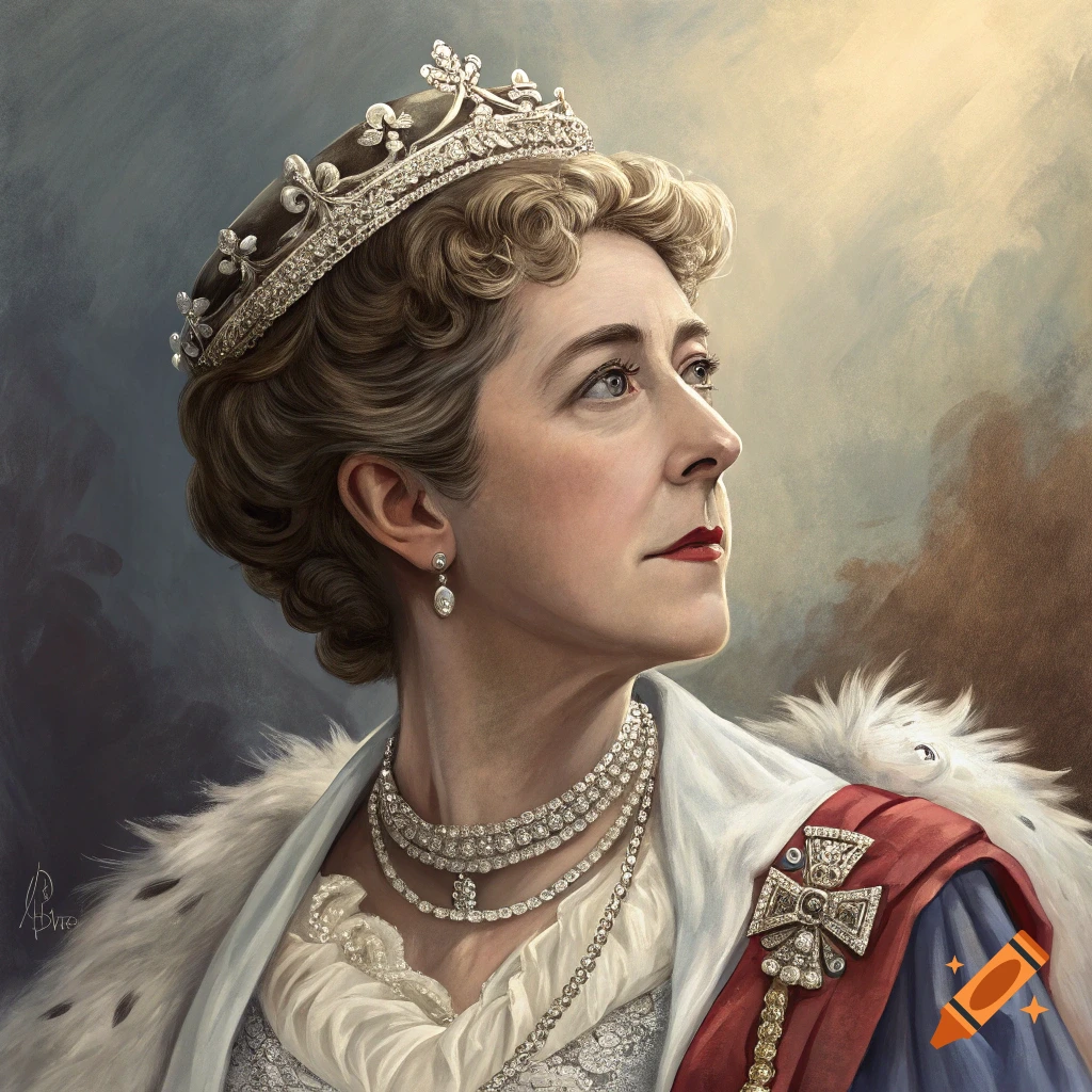 A regal portrait of a woman wearing a jeweled crown and royal attire, looking upwards.