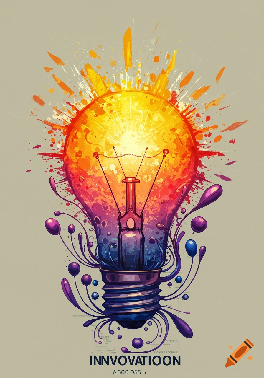 Colorful depiction of a lightbulb bursting with splatters, representing innovation.