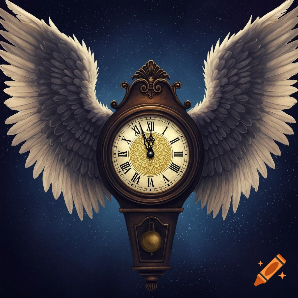An ornate clock with large feathered wings against a dark blue starry background.