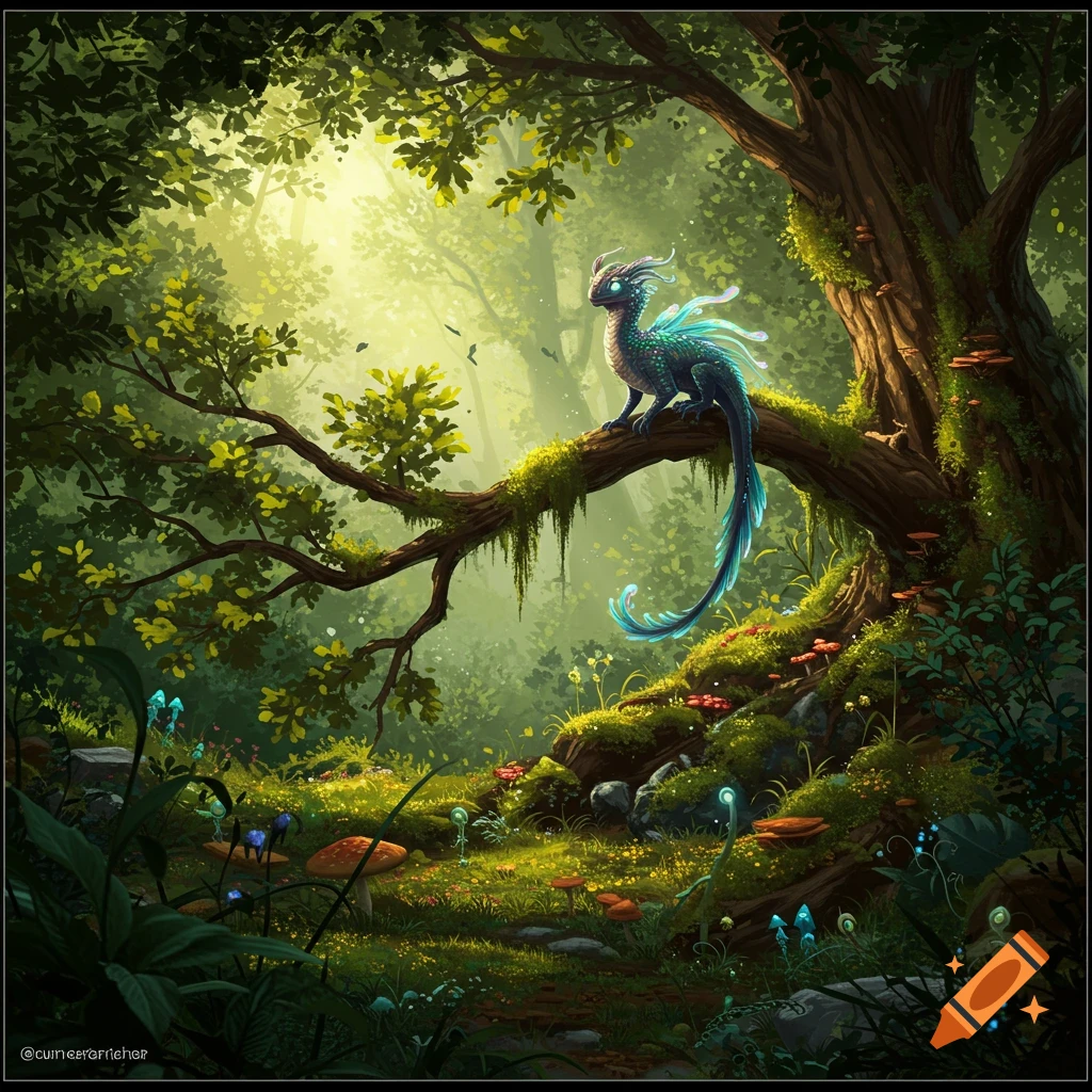 A blue-green dragon-like creature sits on a mossy branch in a lush, sunlit fantasy forest.